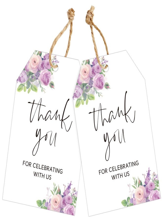 joycraft 50Pcs Thank You Tags with String, 3.3x2.1 in Purple Floral Gift Wrap Tags, White Paper Party Favor Labels, Thank You for Celebrating with Us Hangtags for Wedding, Baby Shower, Christmas - Image 1